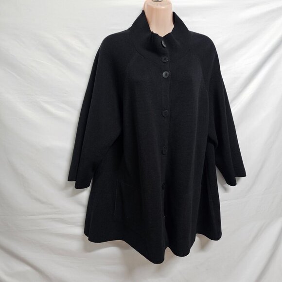 Eileen Fisher Button Up Mock Neck Kimono Jacket Women Size L Black Silk/Cotton - Picture 11 of 13